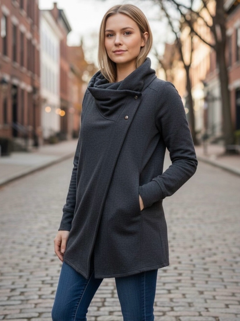 Phenix Dark Charcoal Asymmetrical Cowl Neck Sweater Coat